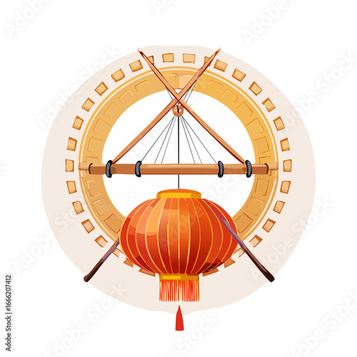 Asian red lantern with bamboo frame and circular decorative background
