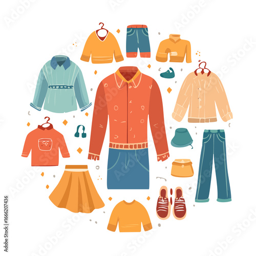 Clothing collection in circular arrangement Fashionable garments with shirts and skirts Isolated vector art design style