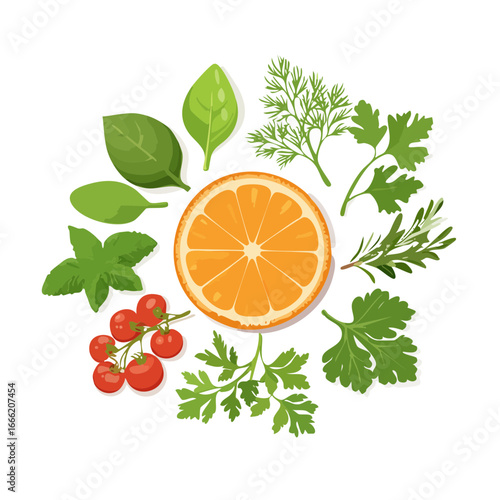 Fresh orange slice surrounded by basil dill parsley rosemary and cherry tomatoes isolated against a black background