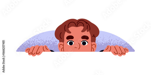 Anxious young man hides behind wall, peeps out. Scared curious person is peeking outside hole. Shocked, afraid boy looks out with curiosity. Flat isolated vector illustration on white background