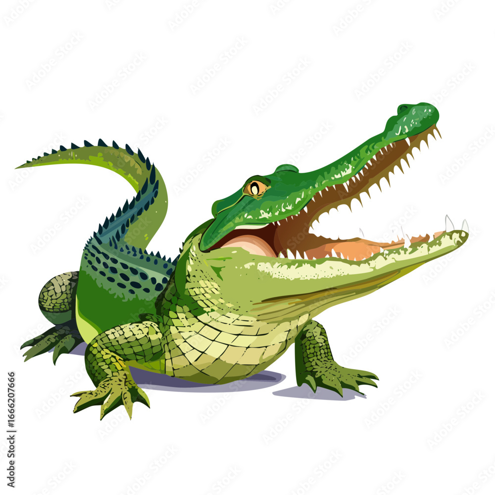 Fototapeta premium Illustration of a green alligator with an open mouth showing its teeth predator reptile cartoon