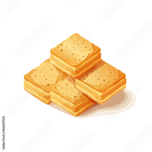 Cracker stack vector illustration. Baked food for lunch or snacks in cartoon style on white plate.