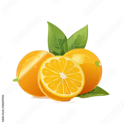 Cartoon oranges with leaves, half cut, citrus fruit illustration on a dark background