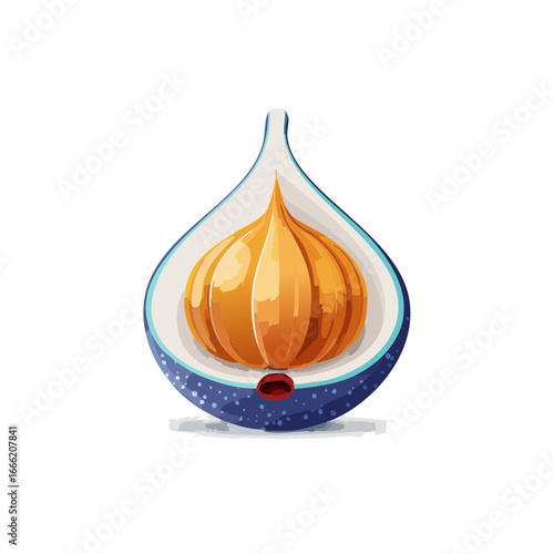 Stylized halved fig illustration with yellow filling and blue shell against a dark background
