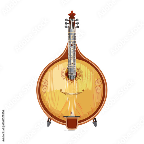 Illustration of a Portuguese guitarra, stringed musical instrument with teardrop shape against black background.