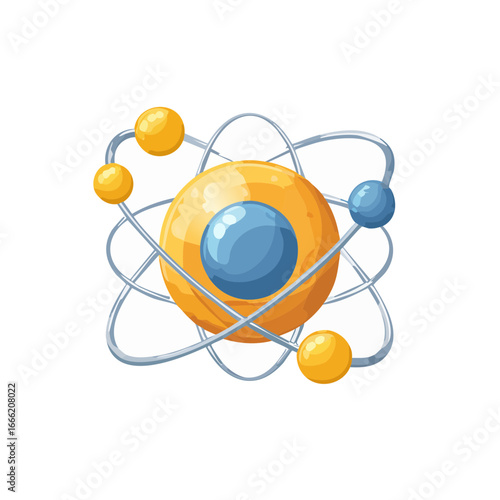 Colorful atom model with nucleus and orbiting electrons science concept design