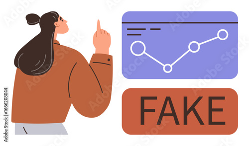 Woman pointing at a chart labeled FAKE, addressing misinformation and deceptive data. Ideal for themes thumbs up awareness, critical thinking, analysis, fraud, skepticism, education