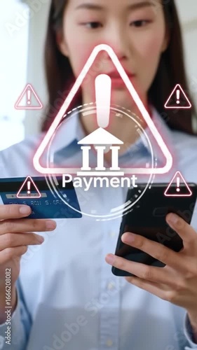 Online Payment Failure: Young Asian Woman with Credit Card and Smartphone Showing Digital Warning
