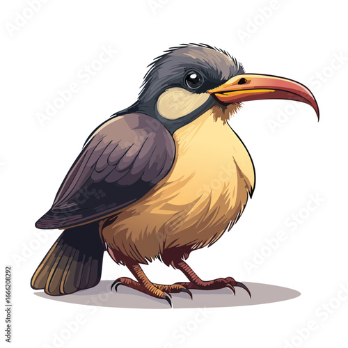 Cartoon illustration of a bird with a long beak standing against a black background.