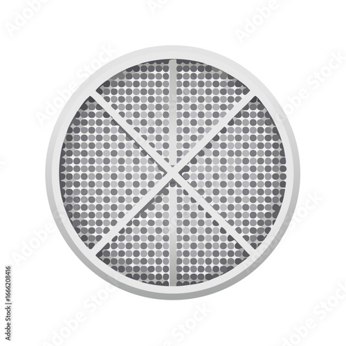 Round air filter with frame and segmented section. Grey circles arranged as background for ventilation and filtration illustration.