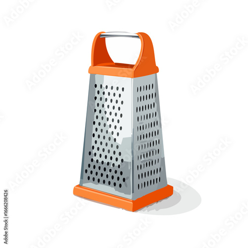 Kitchen grater illustration, food preparation utensil, culinary tool, metal grater with orange handle on black