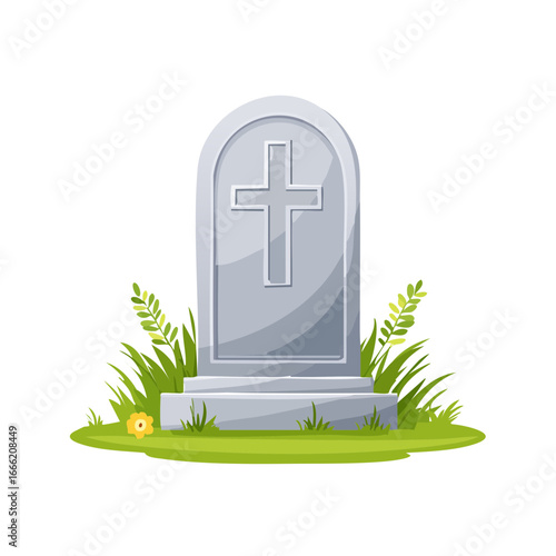 Cartoon gravestone with cross on grassy mound and black background for illustration