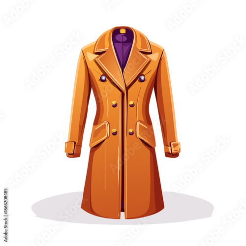 Elegant orange overcoat cartoon style Double-breasted design fashion item classic outerwear Illustration against a black background