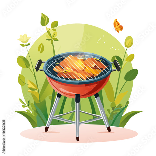 Outdoor grilling illustration barbecue on grass with butterfly grilling food for picnic or party backyard summer