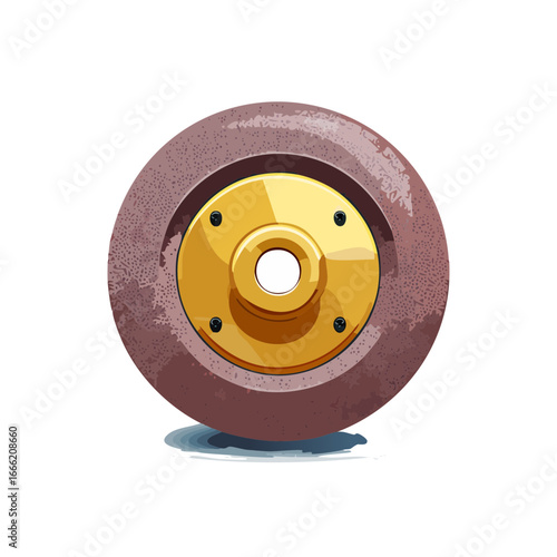 Illustration of an abrasive grinding wheel tool with golden metal mount hardware