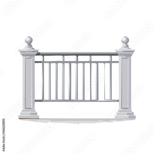 Gray decorative railing with columns and sphere finials on a black background. Architectural element, fencing.