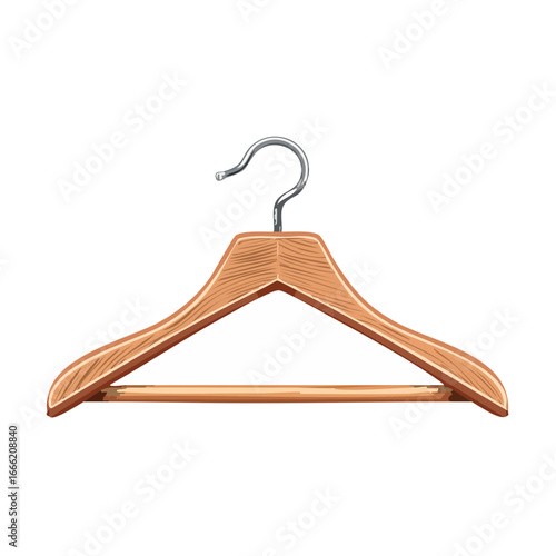 Single wooden clothes hanger with metal hook on black background for garment storage or retail clothing display