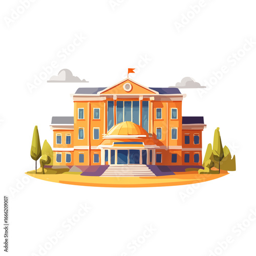 Vector illustration of a classic government building facade with flag and trees