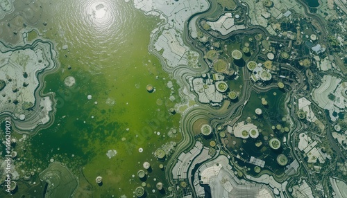 Ethereal Aerial View of Wetlands with Green Algae Bloom Underneath Sunlight's Glimmer