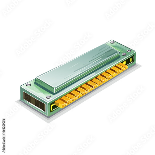 Illustration of a harmonica with green casing and golden reeds on a black background
