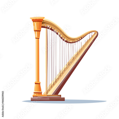 Illustration of a Golden Harp with White Strings on Black Background - Musical Instrument