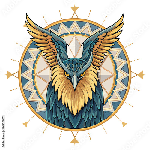 Stylized owl vector illustration, decorative circle with wings, blue and gold bird art