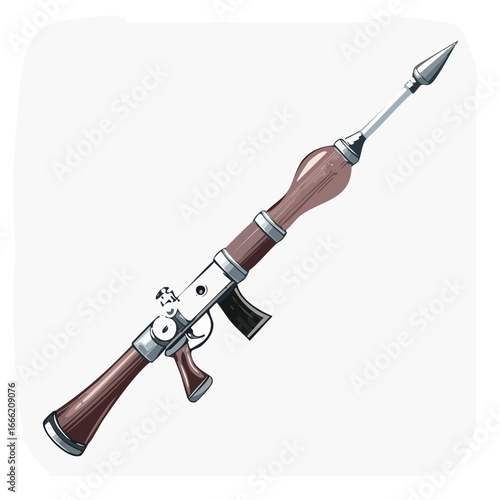 Stylized weapon design combining old and new elements, showcasing a spear-tipped, wooden-handled firearm concept.