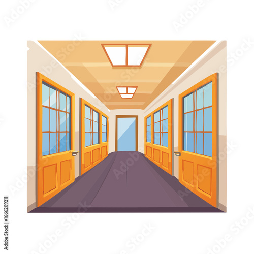 Empty Long Hallway with Doors and Ceiling Lights Cartoon Interior Illustration