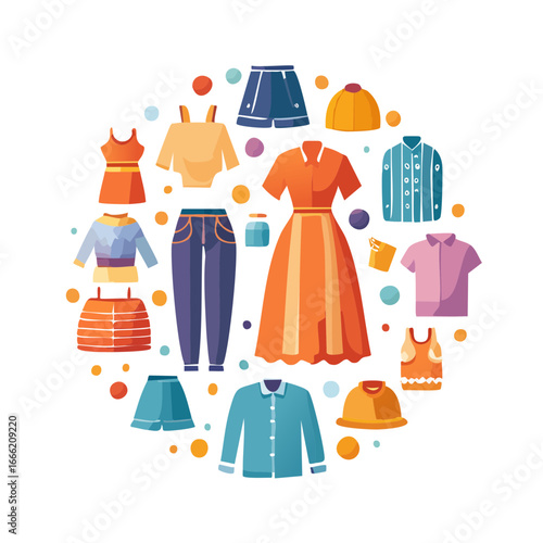 Collection of flat-style clothing icons Apparel and accessories Fashionable garments arranged in circular shape on black background