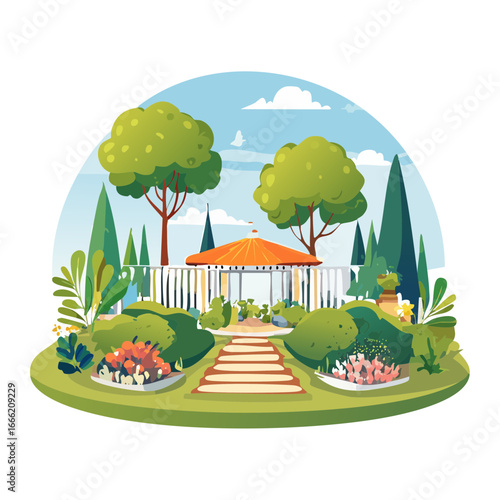 Serene garden landscape with gazebo tranquil scene of nature trees and flowers