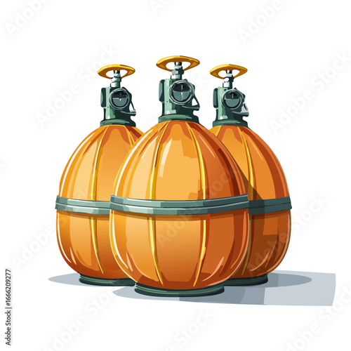 Cartoon gas containers in a row Illustration shows three cylinders with valves for gas or other liquids.