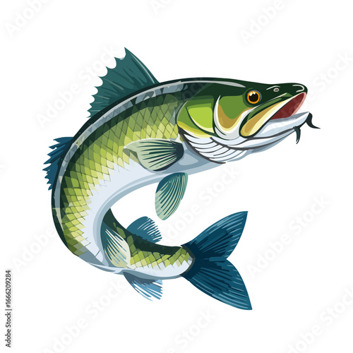 Isolated leaping largemouth bass illustration detailed vector art fishing fish animal nature sport wildlife predator angling