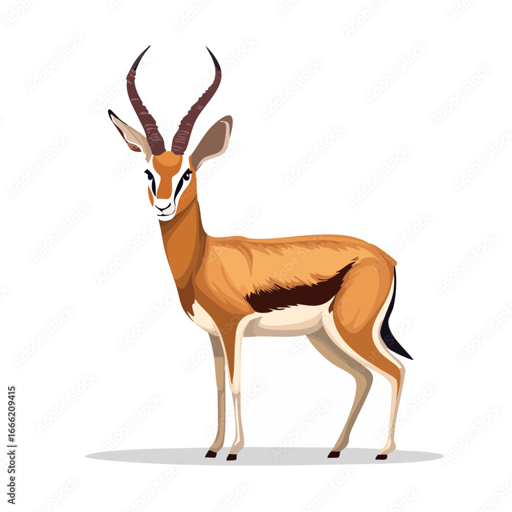 Obraz premium Elegant Gazelle Standing Illustration African Wildlife Antelope with Long Horns Isolated on Background Fauna Mammal Herbivore Species Vector