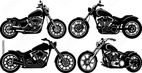 Dynamic black and white silhouette set of classic cruiser motorcycles with detailed engines and various custom designs