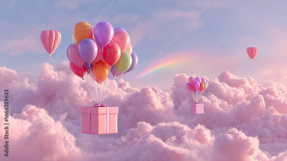Obraz premium A Box flying on a parachute with pink cloud in valentine day,package flying down from sky and cloud with parachute, concept for delivery service,shopping online,air delivery service.