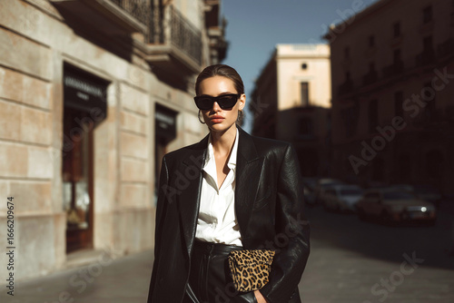 Outdoor autumn fashion portrait of elegant woman wearing sunglasses, white shirt, leather trousers, and leopard print bag, walking in a European city. Chic seasonal street style look.