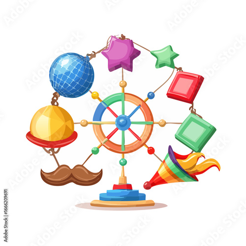 Whimsical Ferris wheel with colorful shapes, fun fairground elements, and festive decorations.
