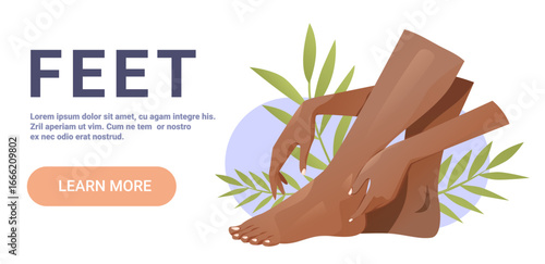 Feet care wellness hands touching legs leaves abstract background modern web banner