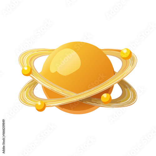 Cartoon golden planet with rings and moons isolated for design element game asset