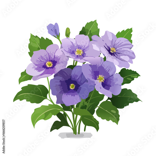 Purple flowers arrangement with green leaves illustration on black background spring floral decorative element delicate floral design
