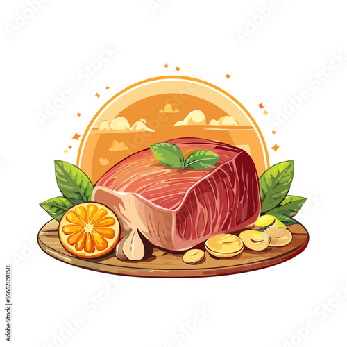 Raw Meat Cut with Citrus and Nuts on a Wooden Board in a Cartoon Style