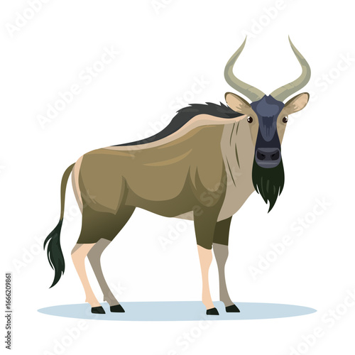 Cartoon wildebeest illustration standing on a white ground surface against a black background.