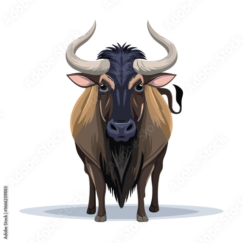 Cartoon illustration of a Wildebeest front view with long horns standing on a patch of ice for animation