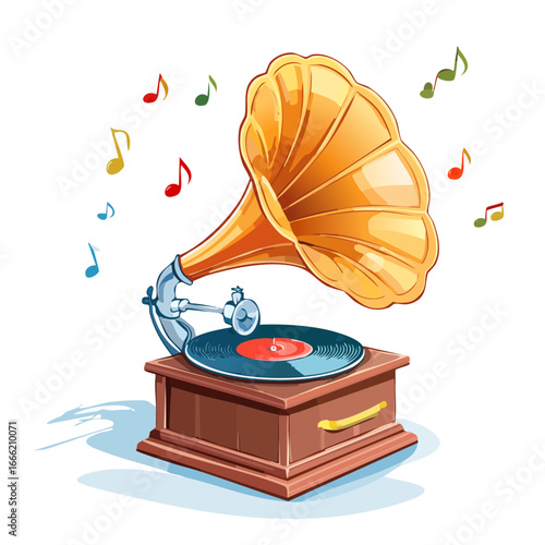Vintage Phonograph with Music Notes, Old Record Player Illustration on Black Background