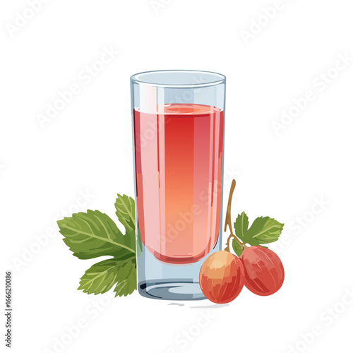 Illustration of red grape juice in a glass with grapes and leaves on a black background.