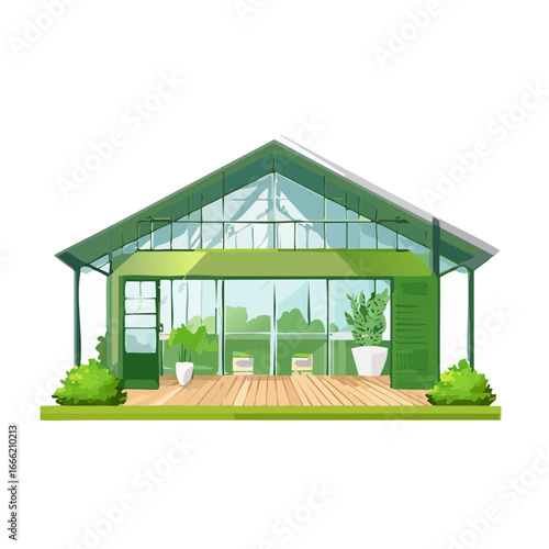 Illustration of a green greenhouse with plants inside on a wooden deck. Minimalist architecture. Modern gardening and horticulture.