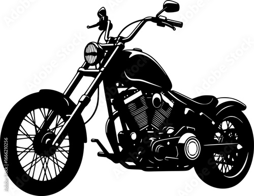 Sleek custom chopper motorcycle with extended front fork and chrome engine creates classic american biker style ride
