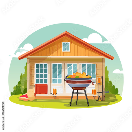 Home barbecue illustration outdoors food grilling cabin summer cooking backyard cookout