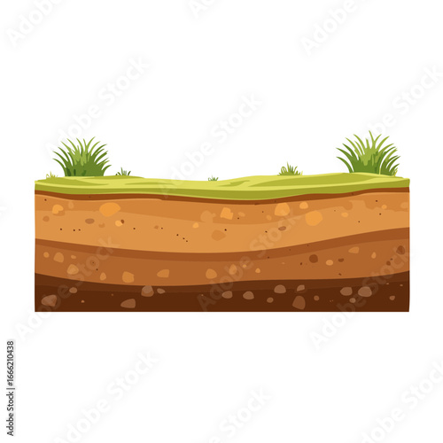 Illustration showing cross section of soil layers with grass patches cartoon style