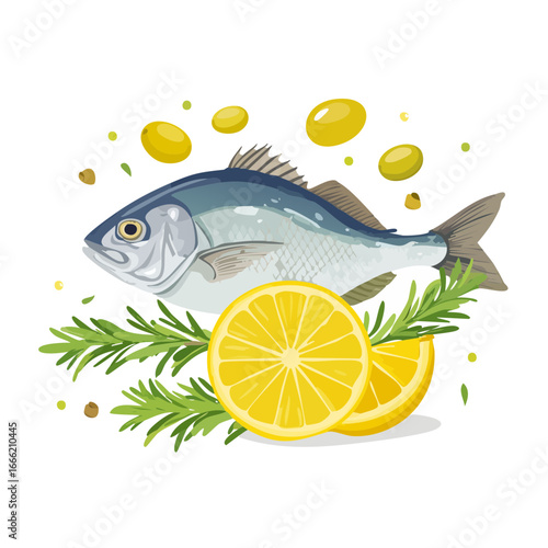 Fresh fish with lemon wedges and rosemary sprigs presented on black background. Culinary concept for gourmet seafood dishes